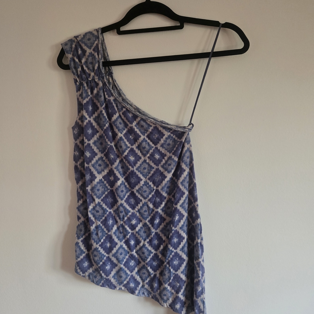 We The Free Blue and White One-Shoulder Blouse